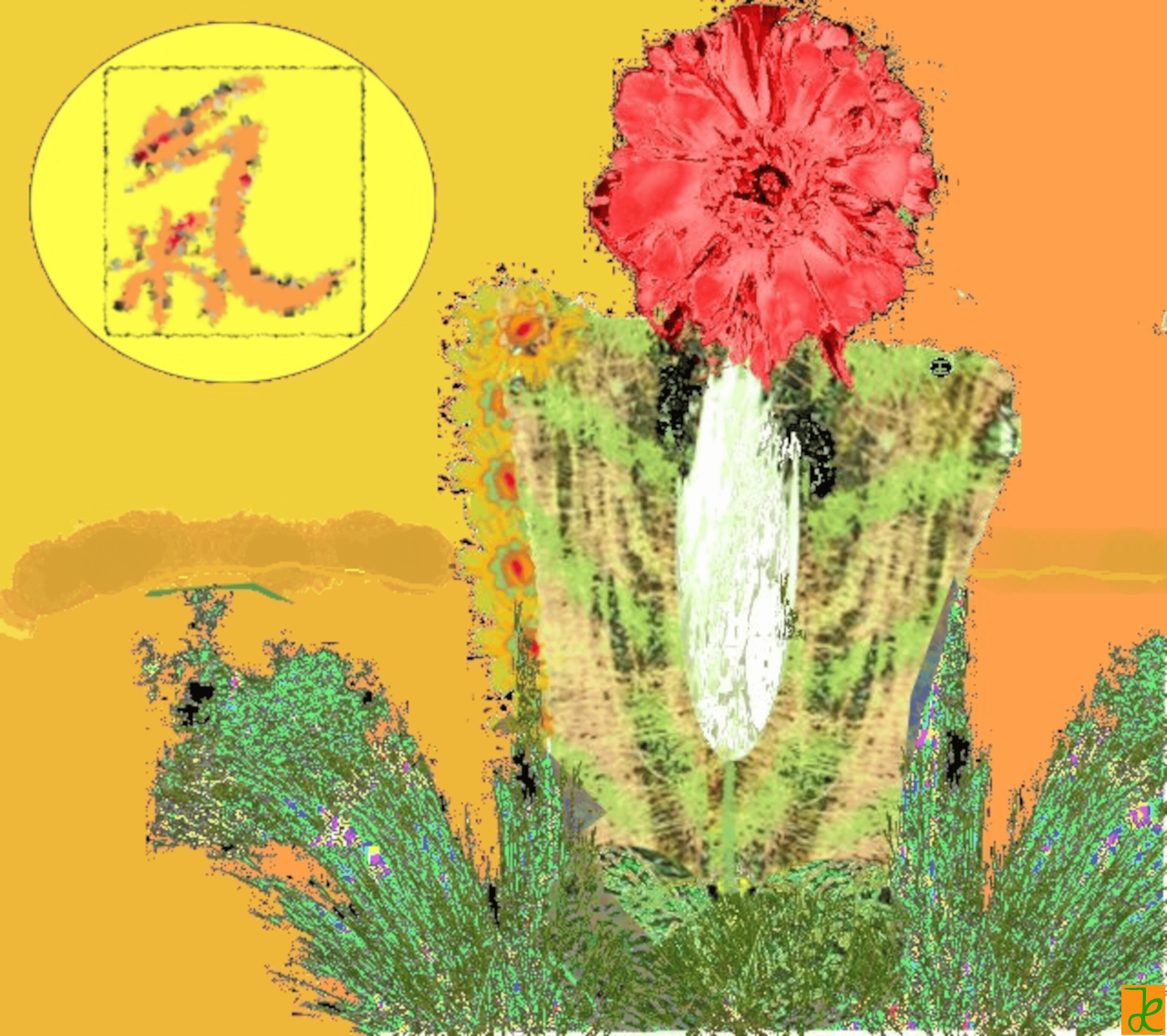 Werk - pesonnia pesonnia, digitale Bildarbeit mit roter Blüte, pflanzenhafter Form und gelb-orangefarbigem Hintergrund